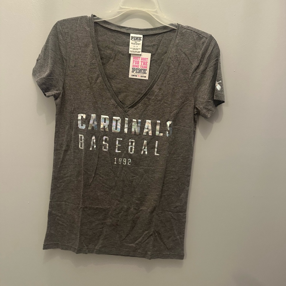 NWT Victoria Secret PINK Gray Cardinals Baseball V-Neck T-Shirt